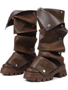Women's Brown Slouchy Fold Over Fashion Chunky Heel Non-Slip Wide Calf Boots
